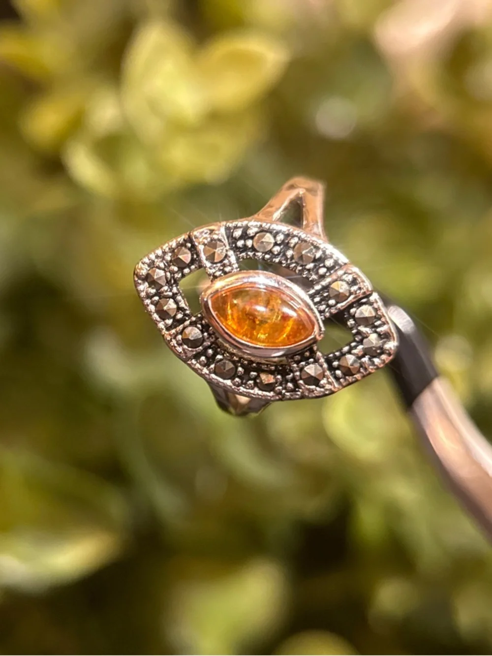 Silver Colored Amber Marquise Ring - Orange‎ Gemstone